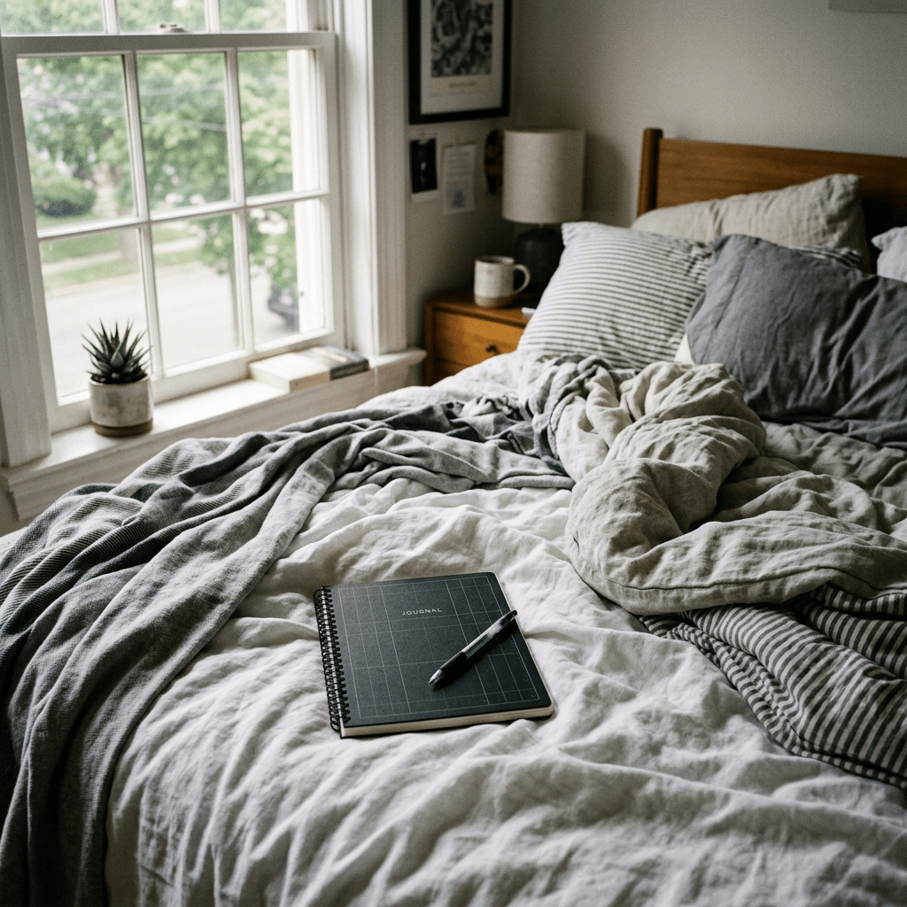 Unmade bed with crumpled blankets, pillows, and a journal with pen on top