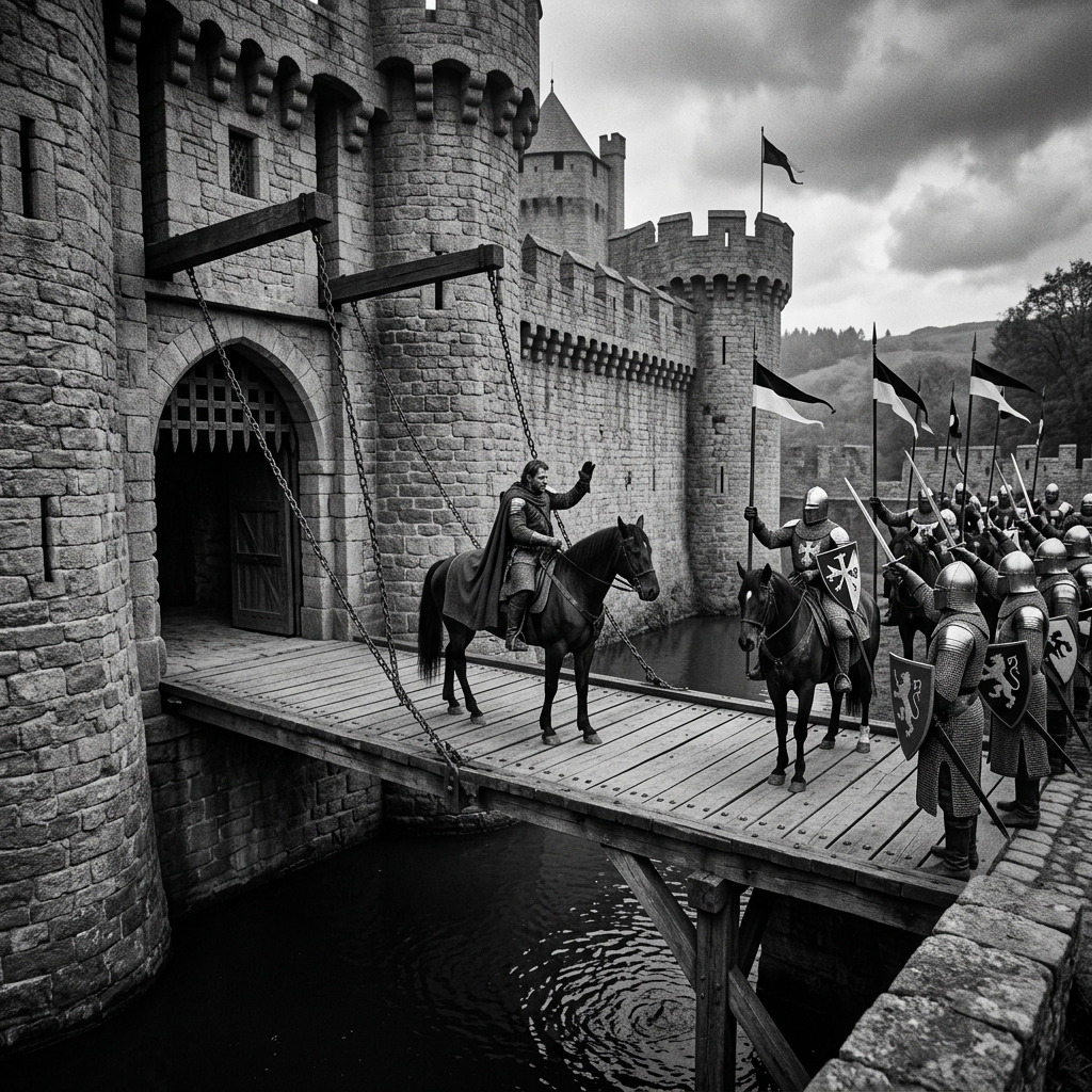 Black and white castle drawbridge, knights welcoming hero
